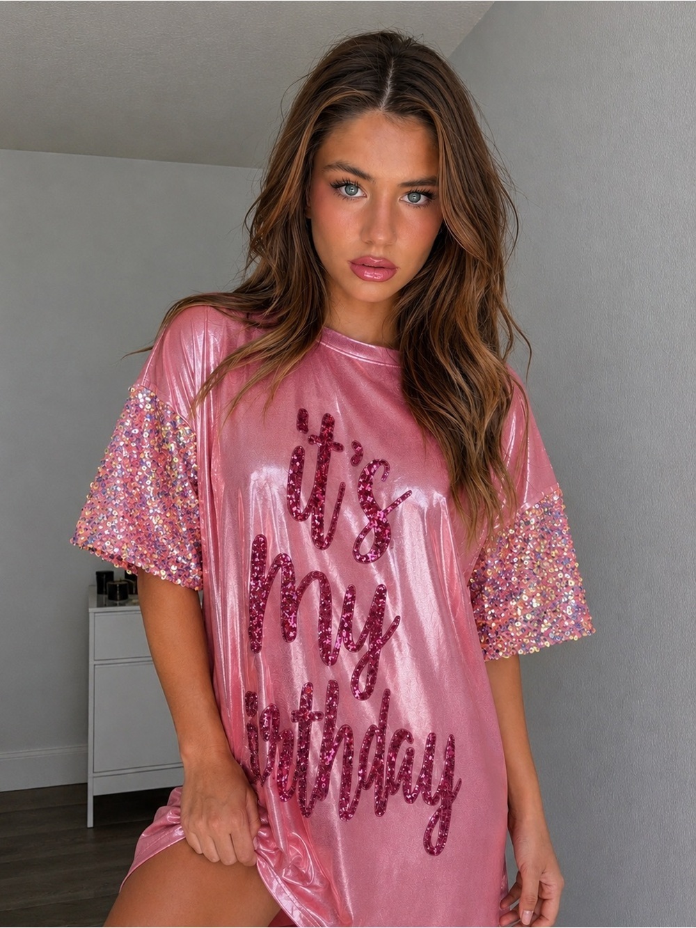 Birthday Queen Foil Sequin Dress in Pink